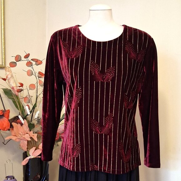 NWT Scoop Neck Wine-red Burgundy Embroidered Blouse Long Sleeve Women’s Top 12 - Picture 2 of 9